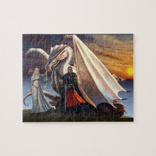 White Dragon, Knight in Armor and Elf Lady Fantasy Jigsaw Puzzle