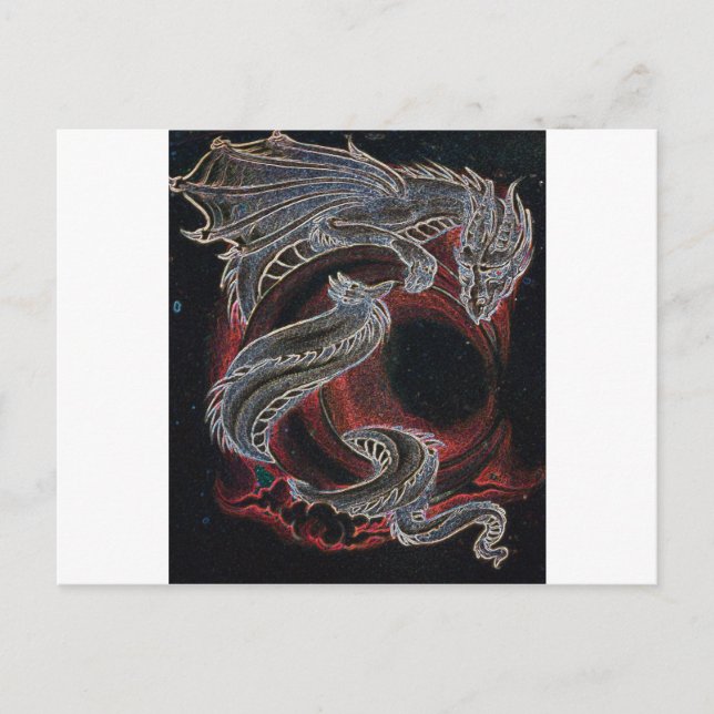 White Dragon, Red Moon on Black Postcard (Front)