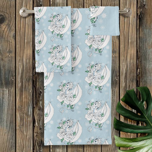 White Dragon Roses Snowflakes Blue Bath Towel Set