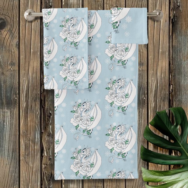 White Dragon Roses Snowflakes Blue Bath Towel Set (Creator Uploaded)