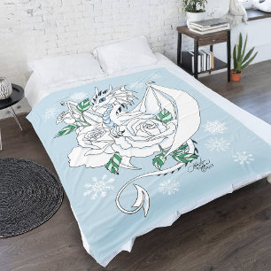 White Dragon Roses Snowflakes Blue Fleece Blanket