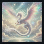 White Dragon Stone Coaster<br><div class="desc">A radiant white dragon glides gracefully through a heavenly sky,  with rainbow-tinted wings and shimmering stardust.</div>
