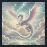 White Dragon Stone Coaster<br><div class="desc">A radiant white dragon glides gracefully through a heavenly sky,  with rainbow-tinted wings and shimmering stardust.</div>