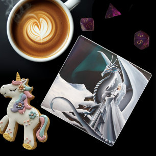 White Dragon Woman Fantasy Auroras Borealis Glass Coaster