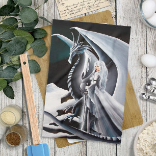 White Dragon Woman Fantasy Auroras Borealis Kitchen Towel