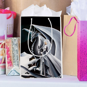 White Dragon Woman Fantasy Auroras Borealis Medium Gift Bag