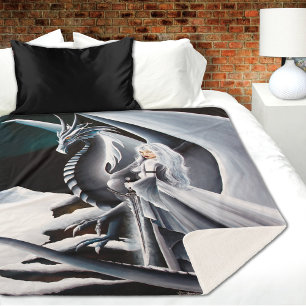 White Dragon Woman Fantasy Auroras Sherpa Blanket