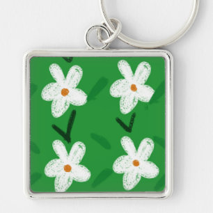White Drawn Floral Pattern Flower Art Pattern Aest Keychain