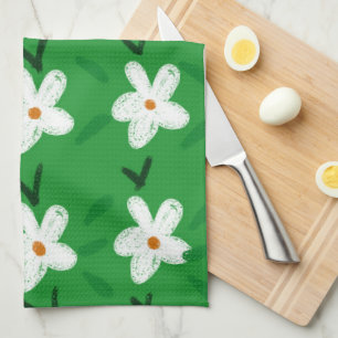 White Drawn Floral Pattern Flower Art Pattern Aest Kitchen Towel