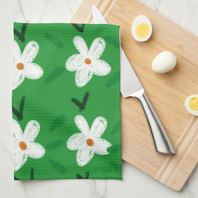 White Drawn Floral Pattern Flower Art Pattern Aest Kitchen Towel (Quarter Fold)