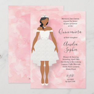 White Dress and Tiara Pink Quinceanera Invitations