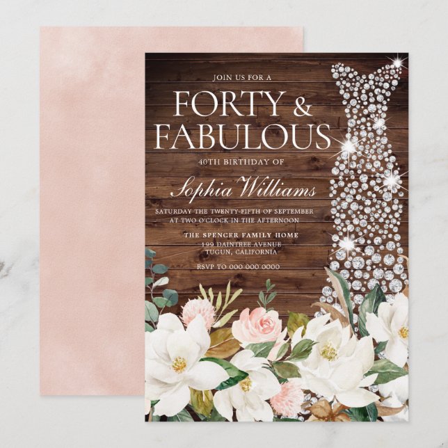 White Dress Blush White Rustic 40th Birthday Invitation (Front/Back)