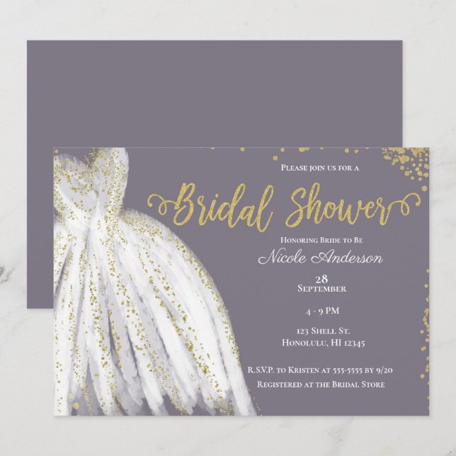White Dress Gold Glitter Purple Grey Bridal Shower Invitation (Front/Back)