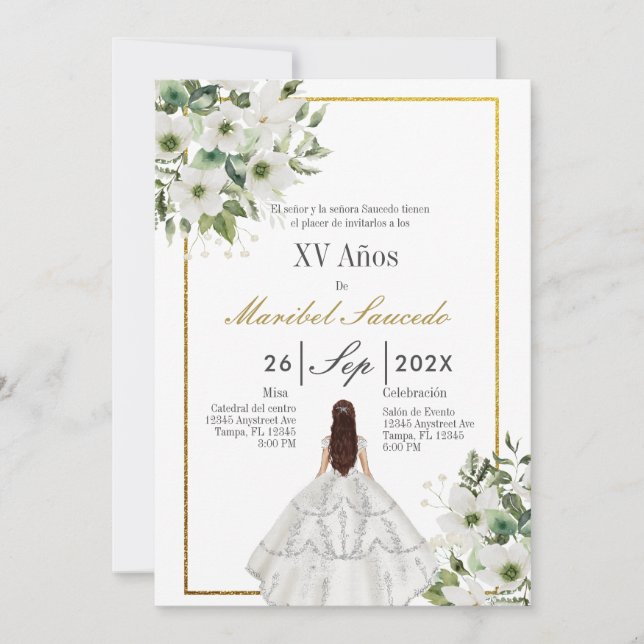 White dress quinceañera  invitation (Front)