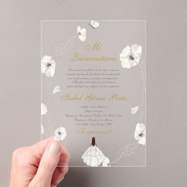 White dress Quinceanera silhouette spanish Acrylic Invitations (Insitu (Handheld))