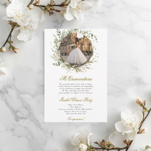 White dress Quinceanera with picture in Spanish Invitation