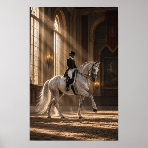 White Dressage Horse and Rider in Grand Riding Hal Poster