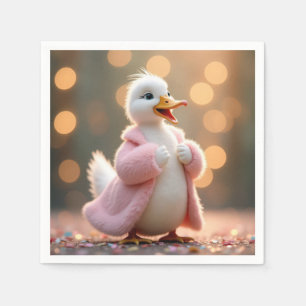 White Duck In Pink Fur Coat Napkin