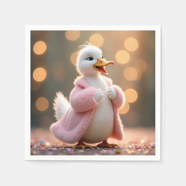 White Duck In Pink Fur Coat Napkin (Front)