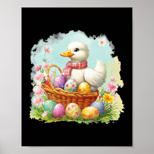 White Duck On A Bysket Full Of Easter Eggs; Easter Poster