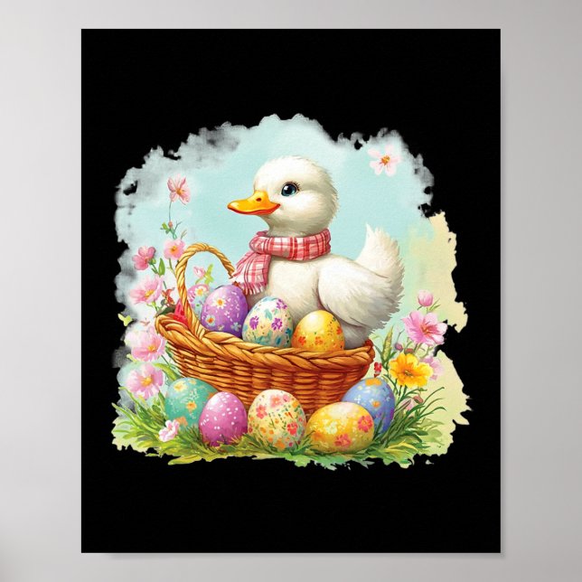 White Duck On A Bysket Full Of Easter Eggs; Easter Poster (Front)