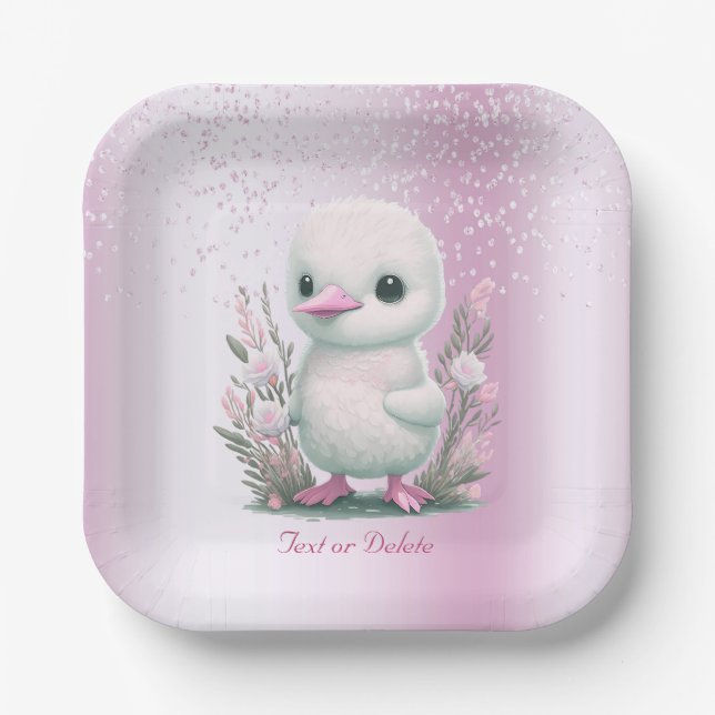 White Duck Pink Floral Paper Plate (Front)