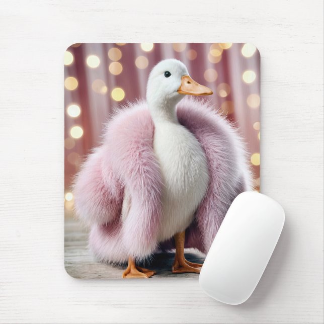 White Duck Wearing a Pink Fur Coat Mouse Pad (With Mouse)