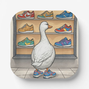 White Duck Window Shopping For Sneakers Paper Plate