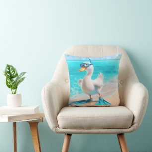 White Duck With Diving Gear On Beach Throw Pillow