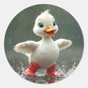 White Duckling Splashing In a Rain Puddle Classic Round Sticker
