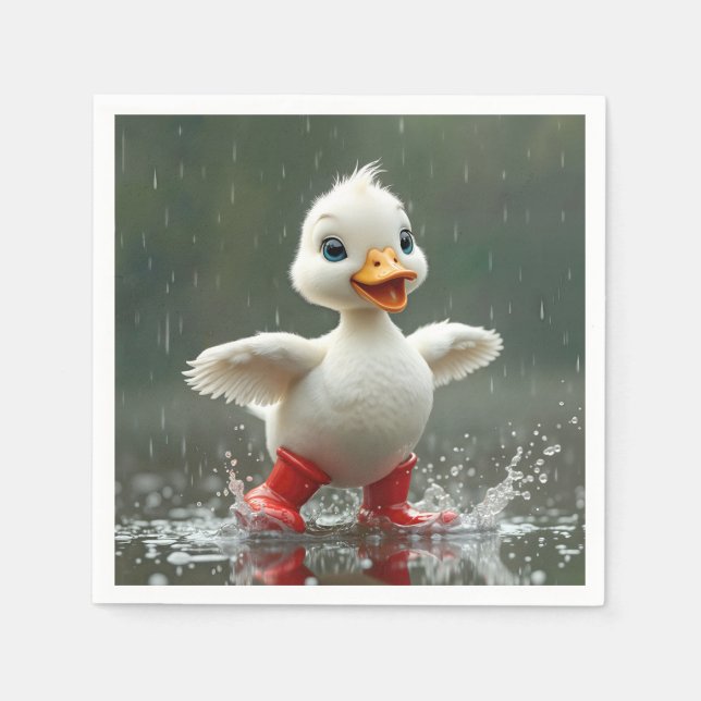 White Duckling Splashing In a Rain Puddle Napkin (Front)