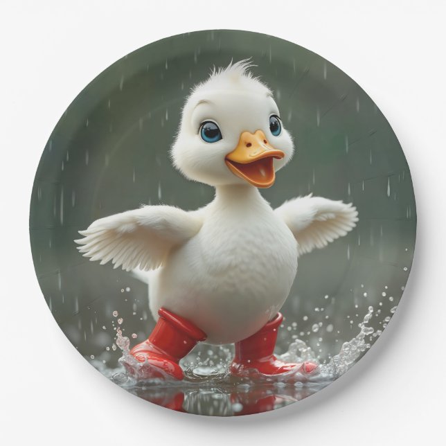 White Duckling Splashing In a Rain Puddle Paper Plate (Front)