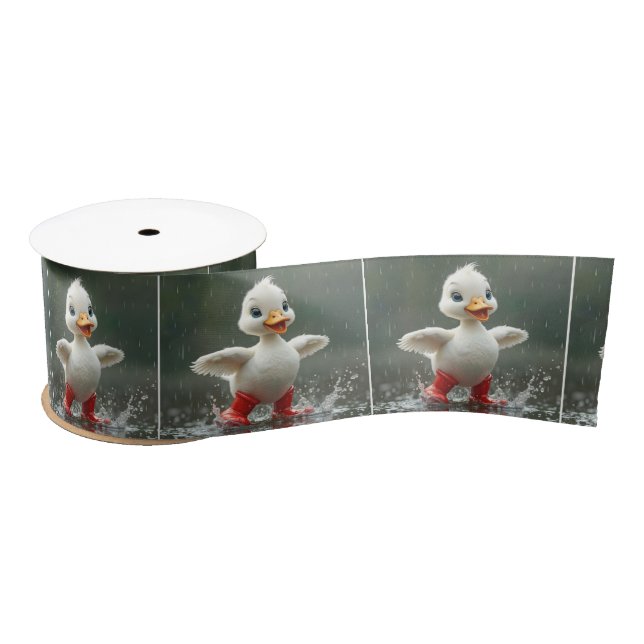 White Duckling Splashing In a Rain Puddle Satin Ribbon (Spool)