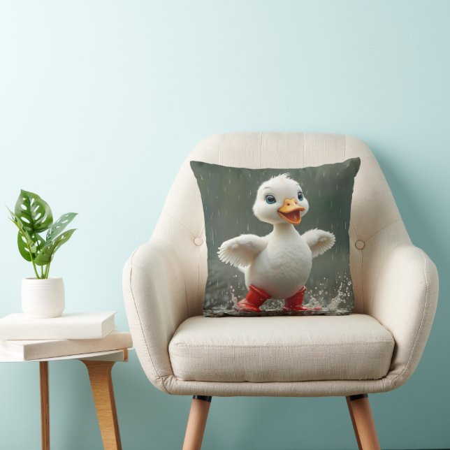 White Duckling Splashing In a Rain Puddle Throw Pillow (Chair)