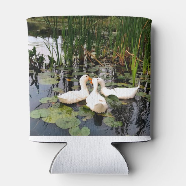 White ducks, lily pads, cattails, lake shore can cooler (Back)