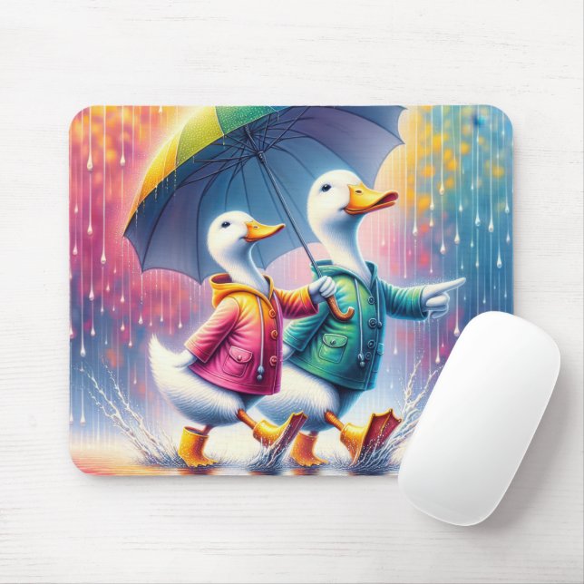 White Ducks Walking In The Rain Mouse Pad (With Mouse)