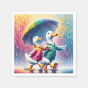 White Ducks Walking In The Rain Napkin