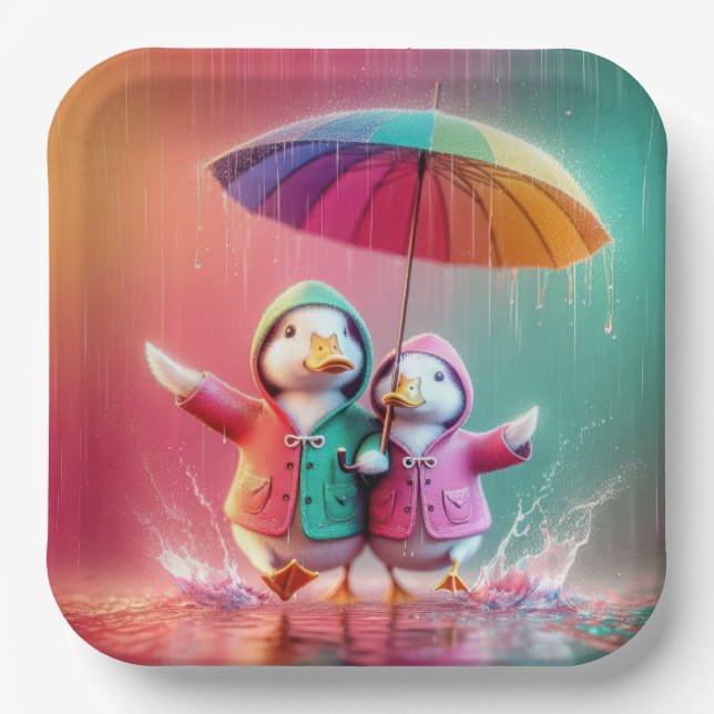White Ducks Walking In The Rain Paper Plate (Front)