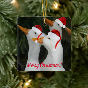 White Ducks Wearing Santa Hats Holiday Ceramic Ornament