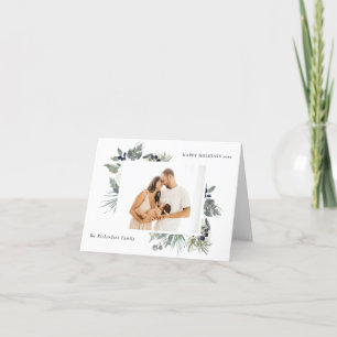 White Dusky Green Christmas Foliage Photo Happy Holiday Card
