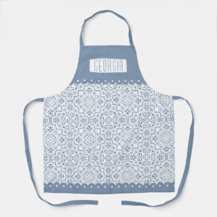 White dusty blue damask pattern scalloped borders apron