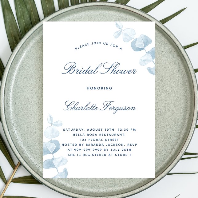 White dusty blue eucalyptus bridal shower invitation (Creator Uploaded)