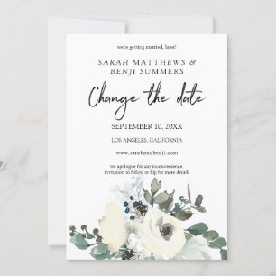 White & Dusty Blue Floral Change the Date Details Invitation