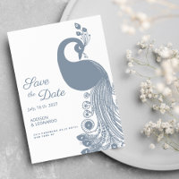 White dusty blue peacock elegant Save the Date