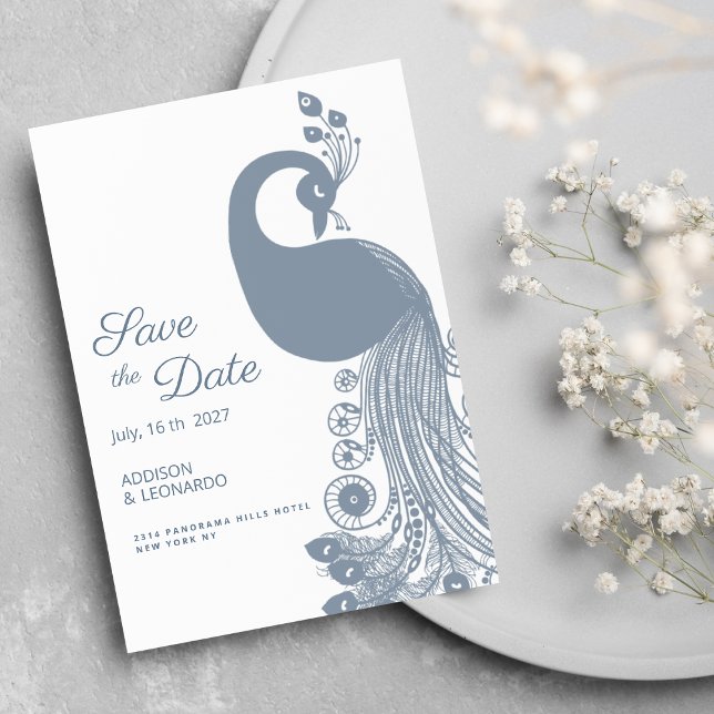 White dusty blue peacock elegant Save the Date  Invitation (White dusty blue peacock elegant Save the Date)
