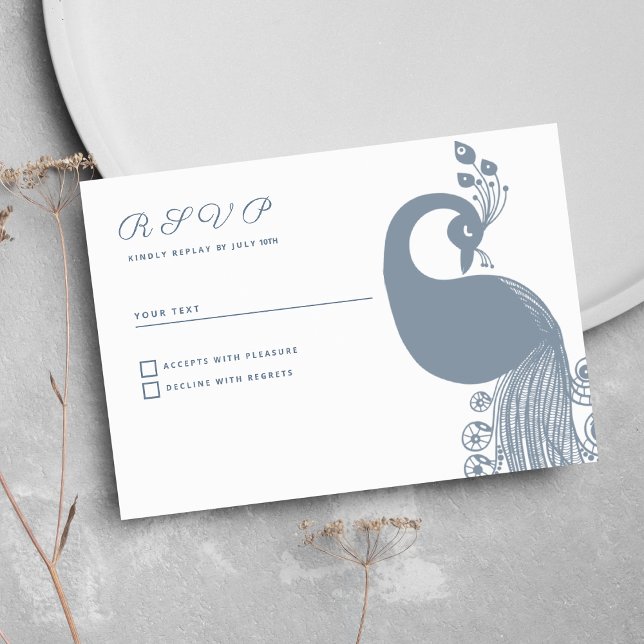 White dusty blue royal peacock elegant RSVP Invitation (White dusty blue royal peacock elegant RSVP )