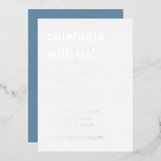 White Dusty Blue Wedding Silver Foil Invitation (Front/Back)