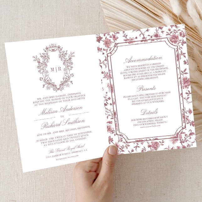 White Dusty Rose Chinoiserie Crest QR Code Wedding Invitation (Creator Uploaded)