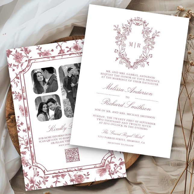 White Dusty Rose Chinoiserie Crest QR Code Wedding Invitation (Creator Uploaded)