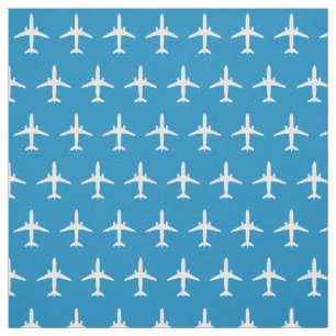 White E175 Jet Airplane Pattern on Blue Fabric